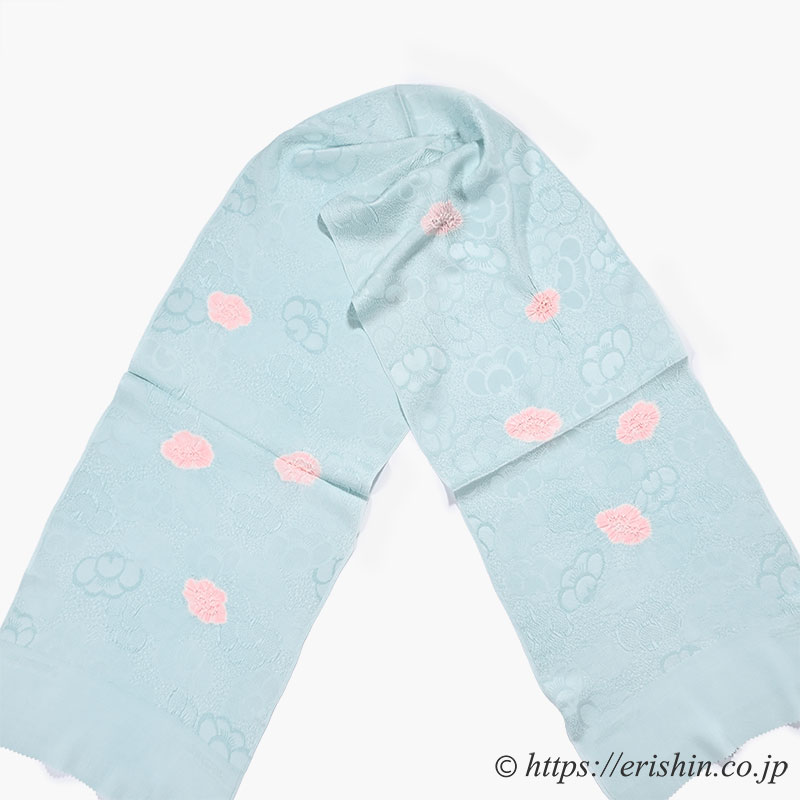 帯揚げ(絞り輪出し/薄浅葱地に鴇色の梅・梅尽くし)