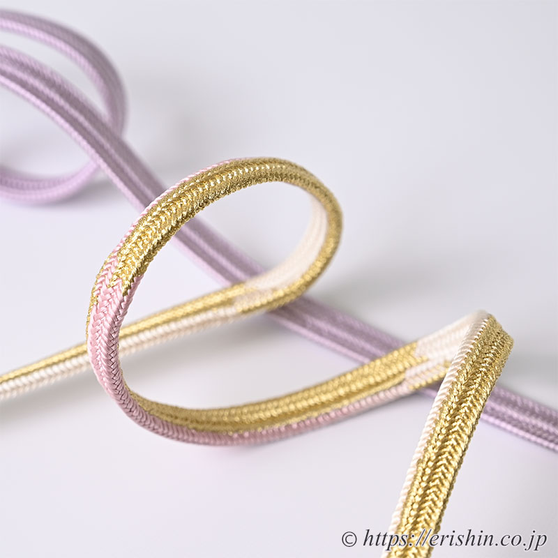 帯締め 内記台四方角組（淡紅藤色に金と白の彩り）龍工房『着物・呉服