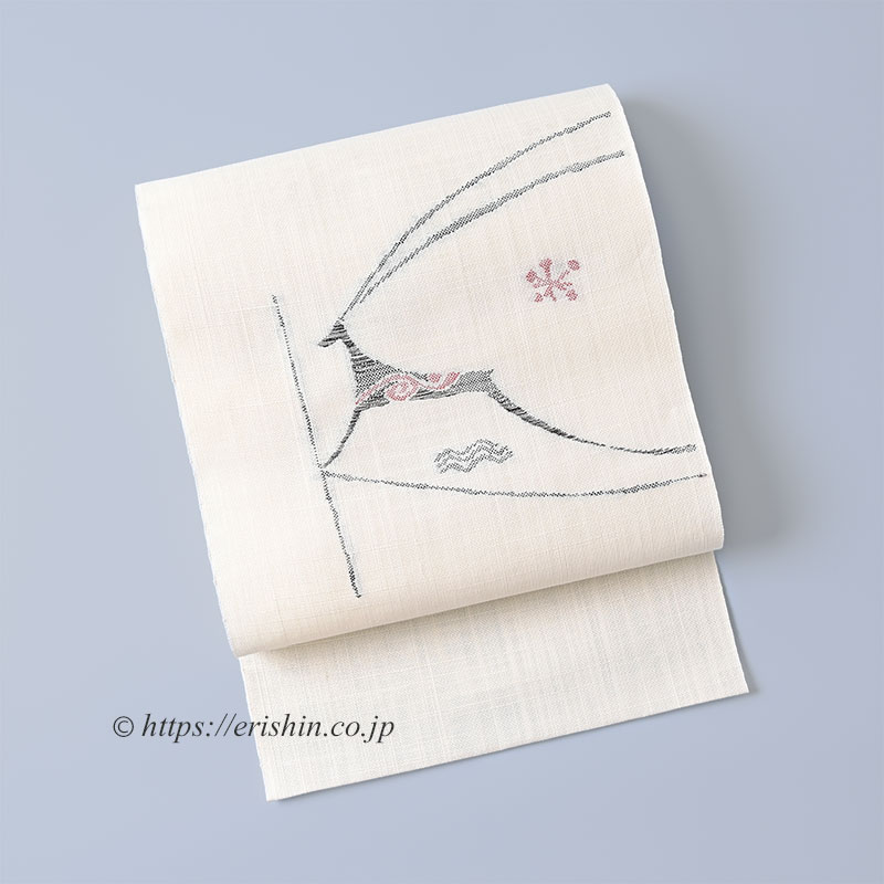 八寸織名古屋帯（壁画の鹿・白地/麻）[夏・単衣向]宮岸織物『着物