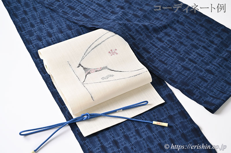 八寸織名古屋帯（壁画の鹿・白地/麻）[夏・単衣向]宮岸織物『着物