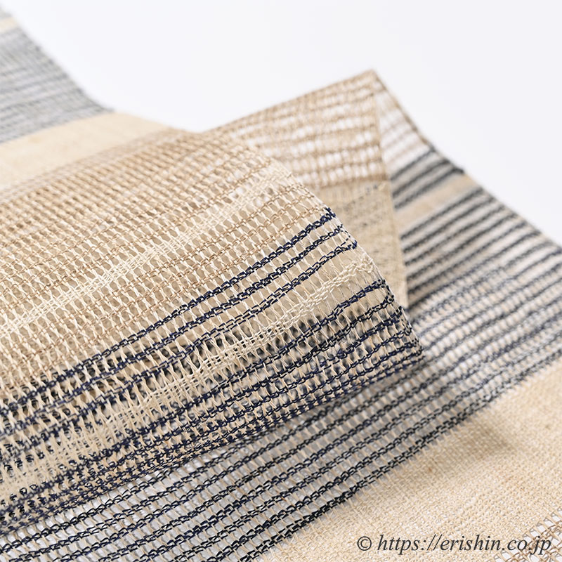 八寸織名古屋帯（羅平織/茶横段・麻）[夏向]『着物・呉服えり新』
