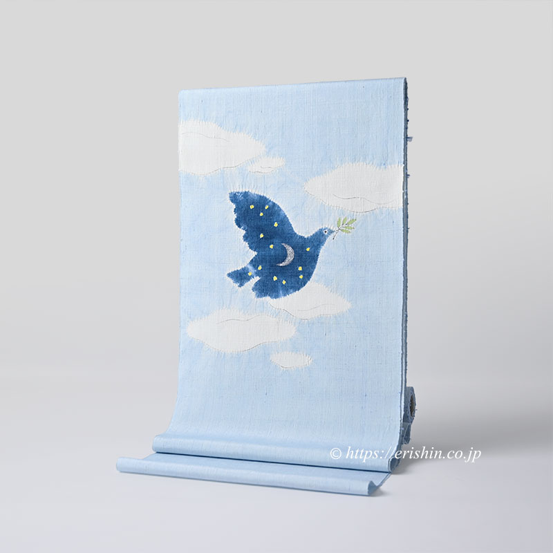 森健持 染名古屋帯（青い空白い雲そして鳩・辻ケ花/紬地）森健持『着物