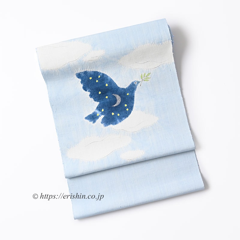 森健持 染名古屋帯(青い空白い雲そして鳩・辻ケ花/紬地)「着物と帯・呉服えり新」