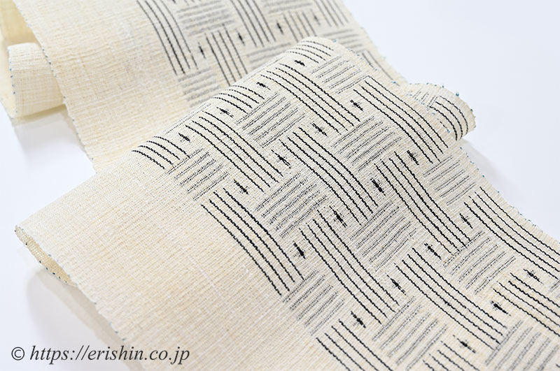 小河正義 越後上布 八寸織名古屋帯（網代と十字絣）[夏・単衣向]小河