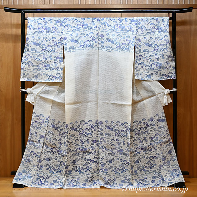 【お誂え】多ち花 夏付下(松秋草文/鳥の子色地に紫苑色や藍濃淡・波筬絽生紬地)