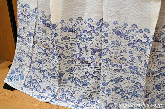 【お誂え】多ち花 夏付下(松秋草文/鳥の子色地に紫苑色や藍濃淡・波筬絽生紬地)