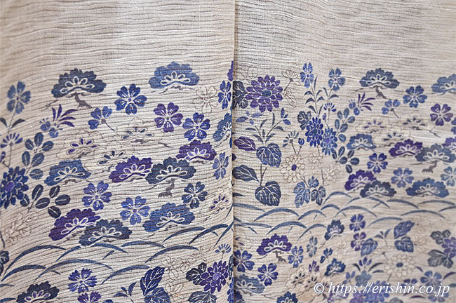 【お誂え】多ち花 夏付下(松秋草文/鳥の子色地に紫苑色や藍濃淡・波筬絽生紬地)