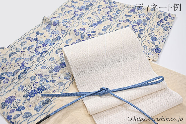 【お誂え】多ち花 夏付下(松秋草文/鳥の子色地に紫苑色や藍濃淡・波筬絽生紬地)