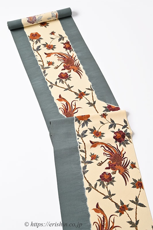 多ち花 染名古屋帯（染分ガルーダ更紗・錆浅葱色に唐茶など茶