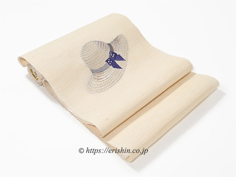 刺繍名古屋帯（麦わら帽子/絽生紬地）[夏・単衣向]野口『着物
