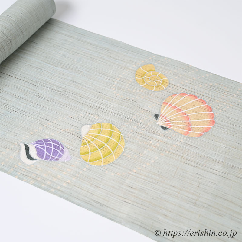 麻　夏帯　先染め　約5ｍ　単布 染名古屋帯（浜辺にて/青磁鼠色・麻）[夏・単衣向]野口『着物・呉服