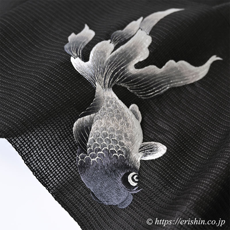 誉田屋源兵衛 刺繍九寸名古屋帯（金魚/黒地に白鼠・ワッフル紗