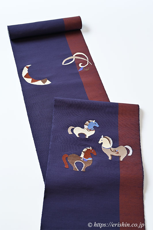 洛風林 八寸織名古帯(馬のつどい/茄子紺色×鳶色の縞)