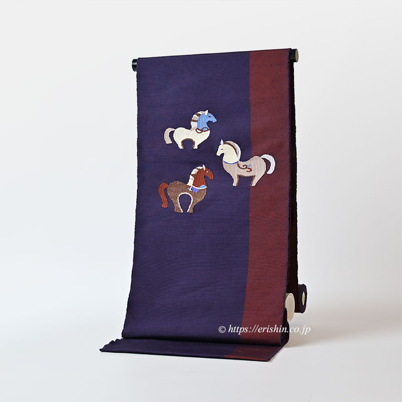 洛風林 八寸織名古帯(馬のつどい/茄子紺色×鳶色の縞)