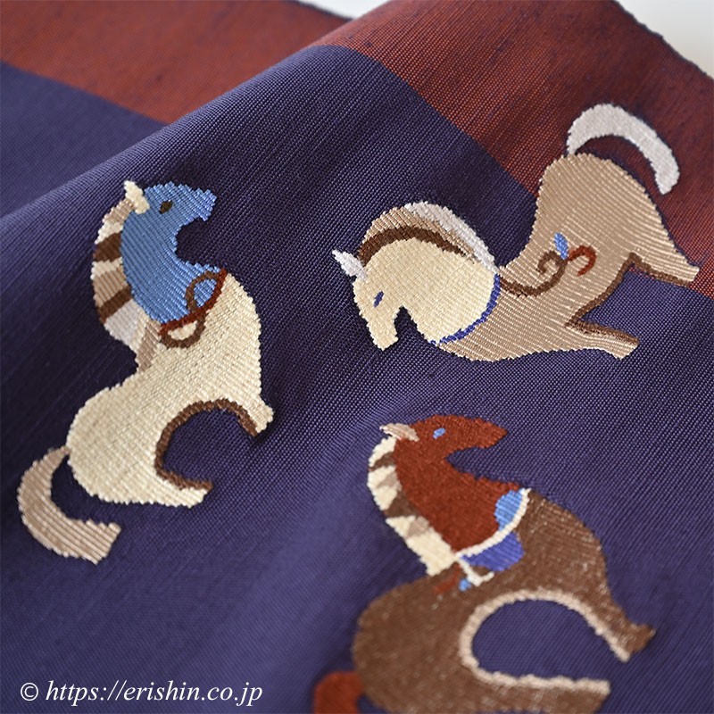 洛風林 八寸織名古帯(馬のつどい/茄子紺色×鳶色の縞)