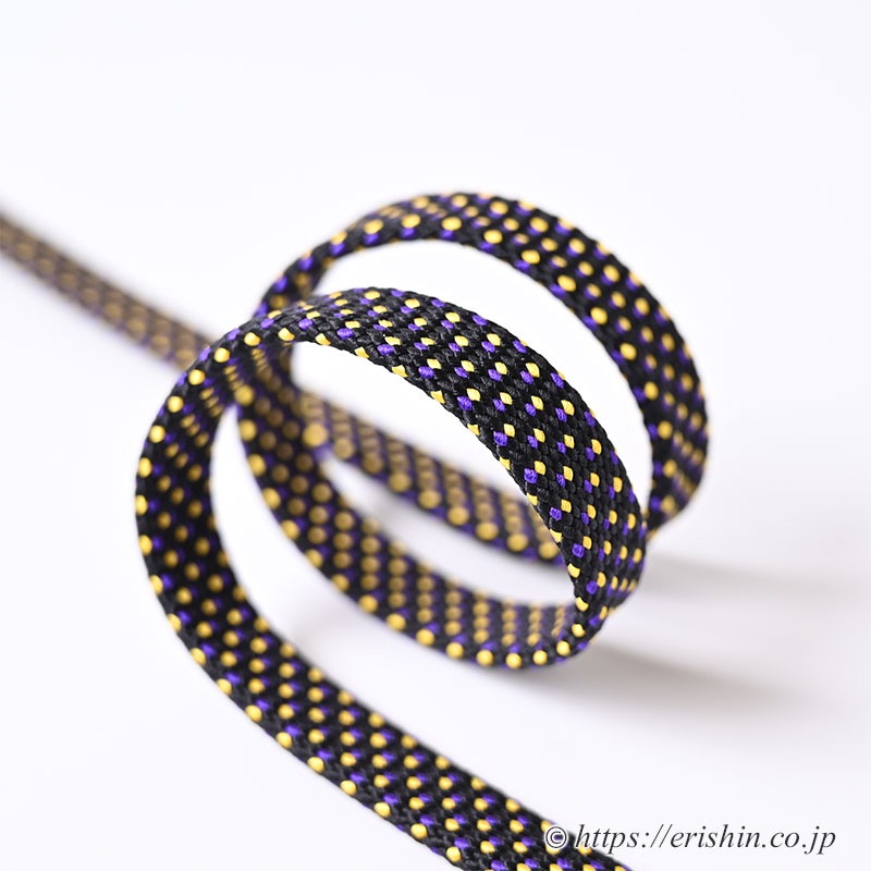 帯締め 東内記組(黒に黄と紫ドット/バチ房〔扇面房〕)