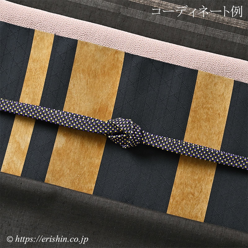 帯締め 東内記組(黒に黄と紫ドット/バチ房〔扇面房〕)