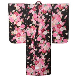 女の子着物 ポリ 小紋 黒 プリンセスローズ 中国製