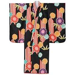 女の子七才着物 ポリ 小紋 黒 菊に笹 中国製