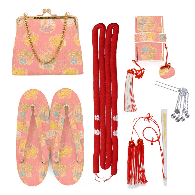 女の子箱迫セット ピンク 梅小花と七宝 お守り付 草履21cm（7才向）