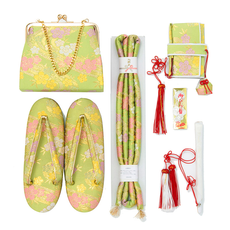 女の子箱迫セット 黄緑 流水/梅づくし 草履21cm（7才向）