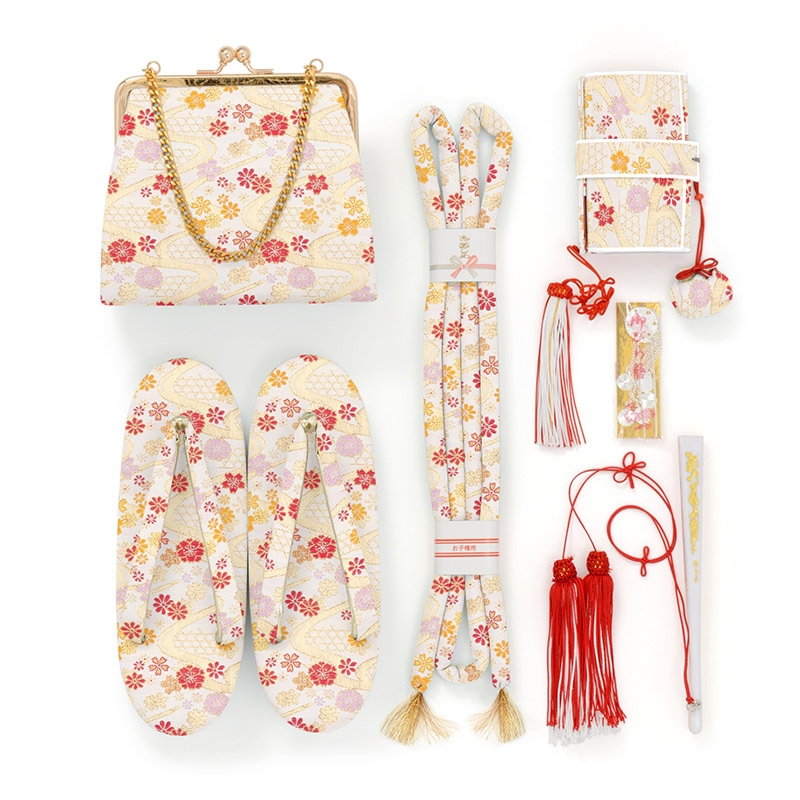 女の子箱迫セット 白 流水に小花 濃ピンク 草履21cm（7才向）