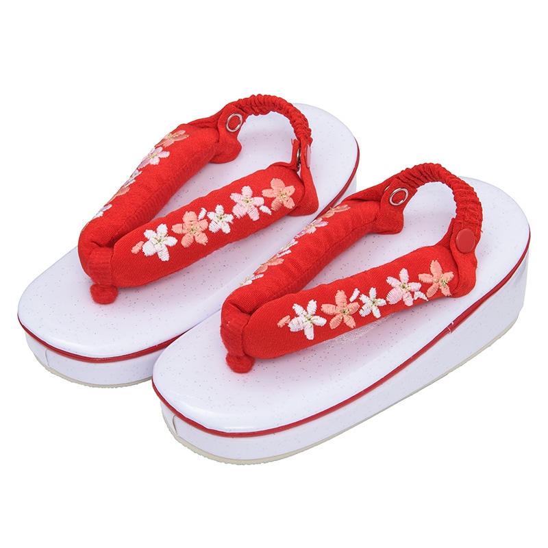 女の子草履 白/赤 桜刺繍 17.5cm（3-5才向） すべり止めベルト付 中国製