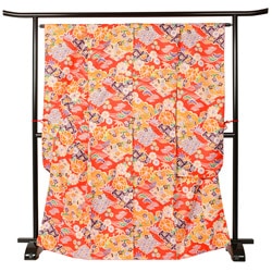 振袖 ポリ 小紋 朱色 花に松皮菱 裄180 袖丈285 中国製