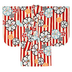 二尺袖着物 ポリ ショート丈 小紋 赤/オフ白 梅花 中国製