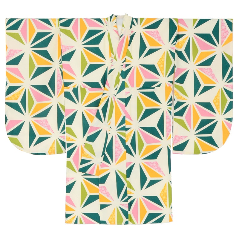 二尺袖着物 ポリ ショート丈 小紋 深緑/オフ白 麻の葉 中国製