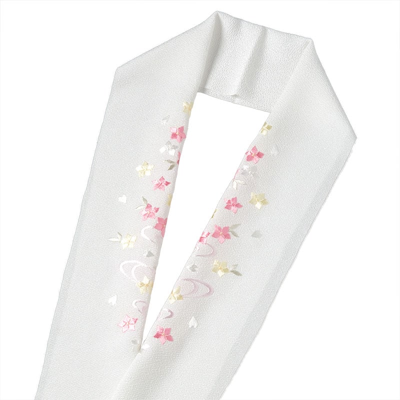 婦人刺繍半衿 ポリ 白 ちりめん 小花/淡色刺繍