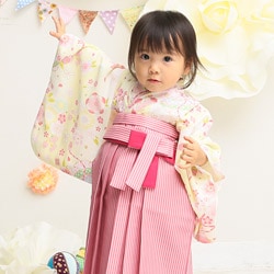 ベビー女の子着物袴セット 薄黄色 鞠 桜と星/ピンク縞 中国製
