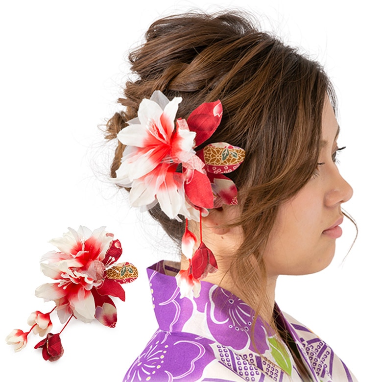 髪飾り 白赤ぼかし ゆり友禅