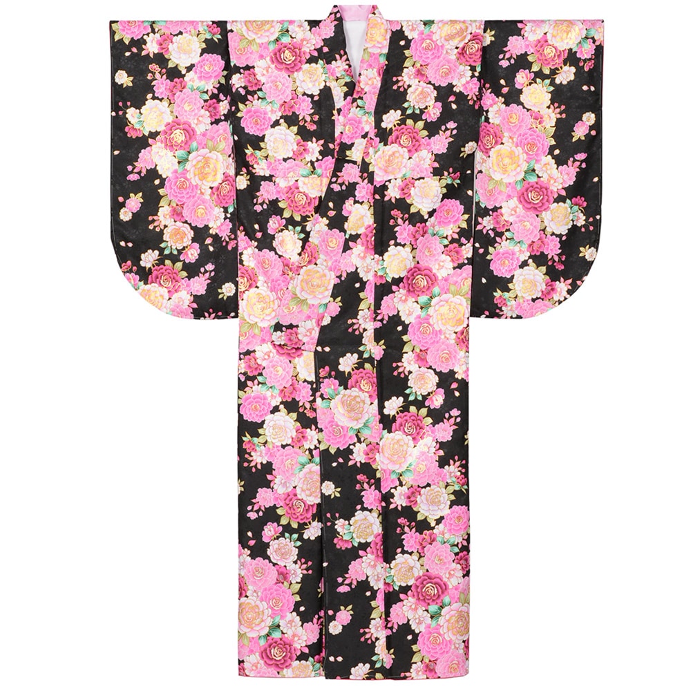 二尺袖着物 ポリ 小紋 黒 プリンセスローズ 裄180 中国製