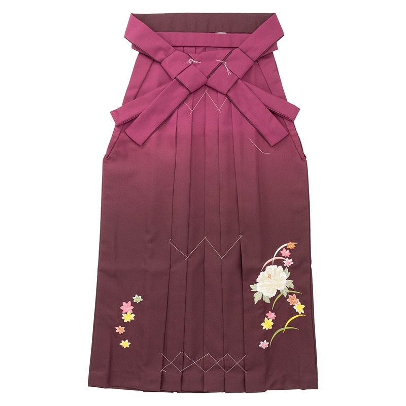 大人女子袴 ワイン濃淡ぼかし 前のみ刺繍 芍薬に紅葉 99cm 中国製