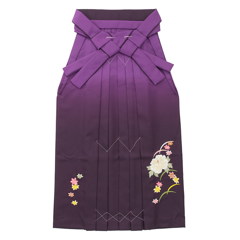 大人女子袴 紫濃淡ぼかし 前のみ刺繍 芍薬に紅葉 99cm 中国製