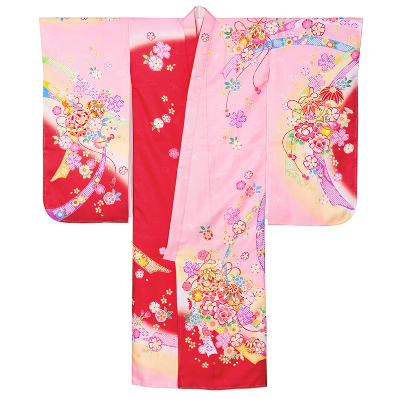 女の子七才着物 ポリ 絵羽 ピンク赤ぼかし 鞠にのし 中国製