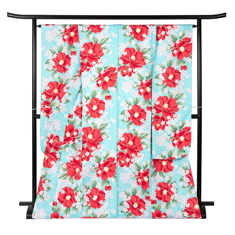 振袖 ポリ 小紋 水色 椿 裄180 袖丈300 中国製