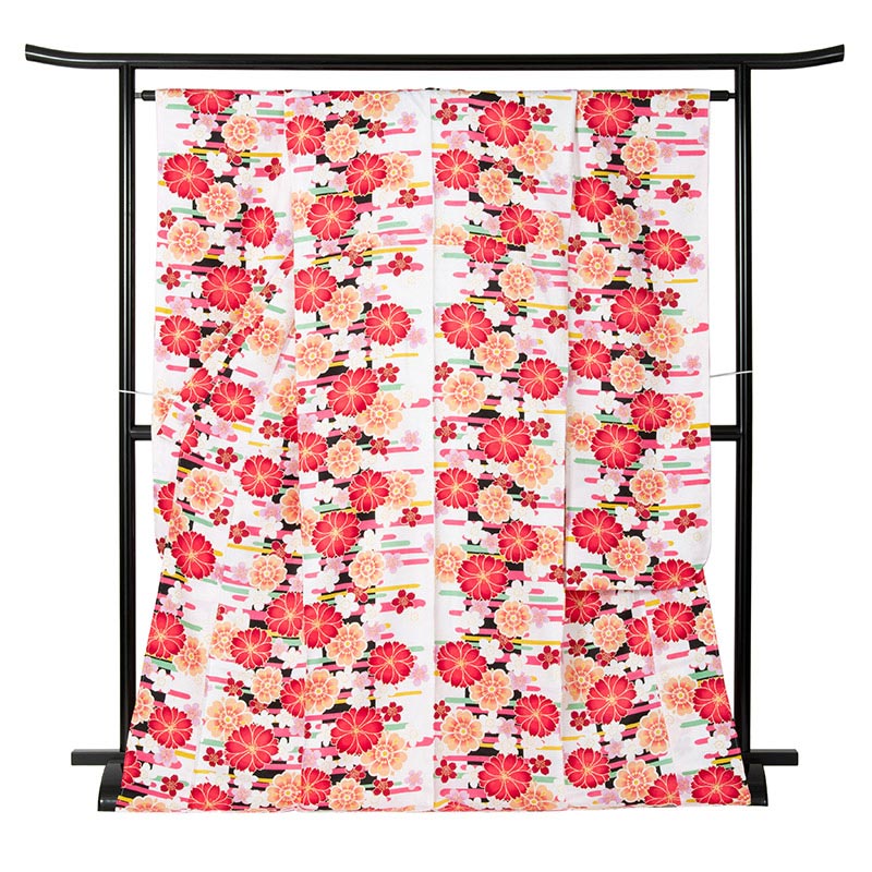 振袖 ポリ 小紋 白 桜 裄180 袖丈300 中国製