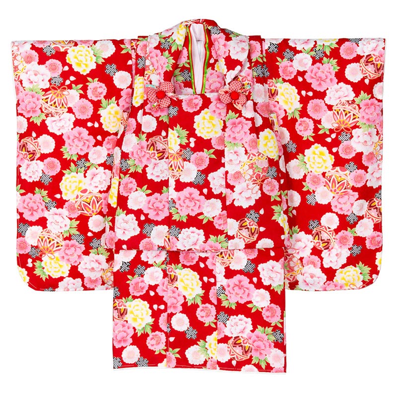 女の子 被布セット ポリ 赤 芍薬と鞠 3才 中国製