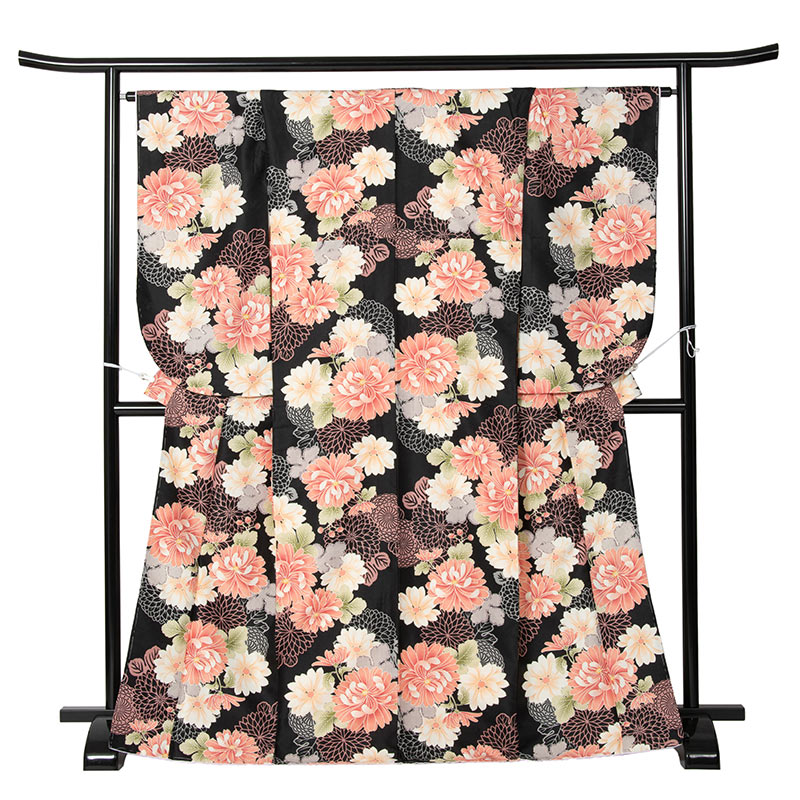 二尺袖着物 ポリ 小紋 黒 乱菊 裄180 中国製