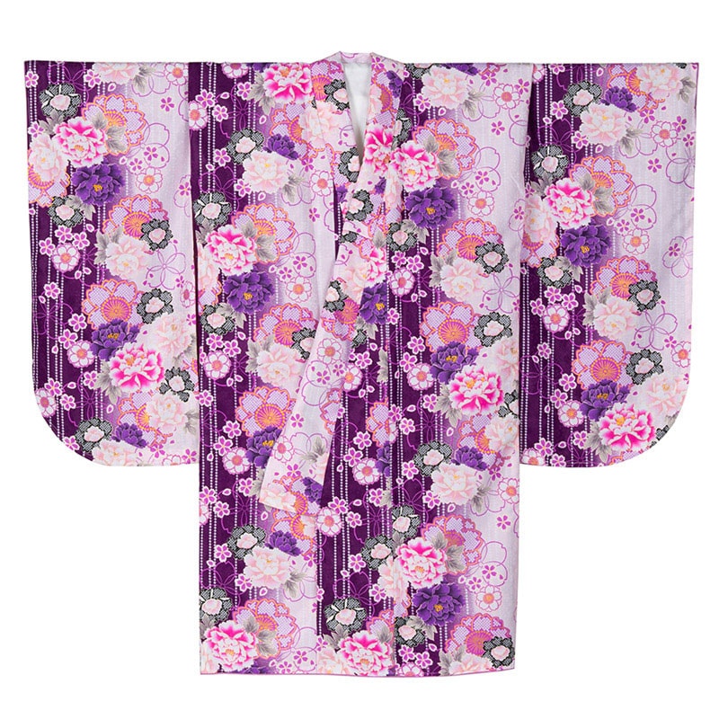 二尺袖着物 ポリ ショート丈 小紋 ピンク/紫 芍薬に八重桜 裄180 難物 中国製