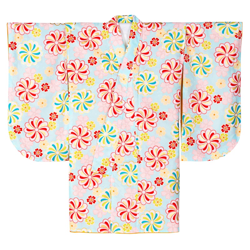 二尺袖着物 ポリ ショート丈 小紋 水色 ねじり梅に桜 裄180 難物 中国製