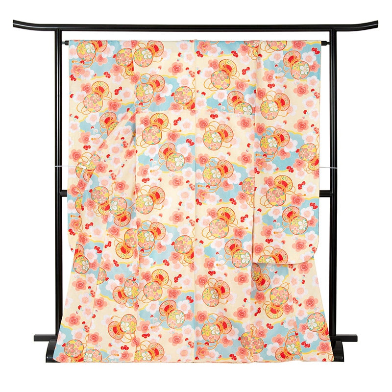 振袖 ポリ 小紋 クリーム 鼓に梅 裄180 袖丈300 難物 中国製