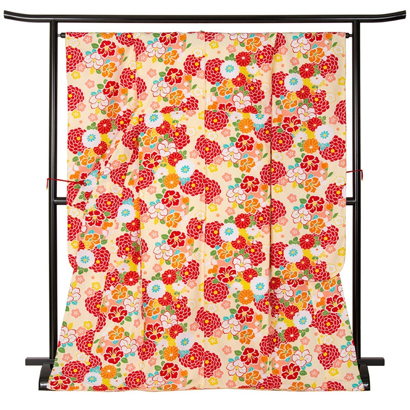 振袖 ポリ 小紋 クリーム 花づくし 裄180 袖丈300 中国製