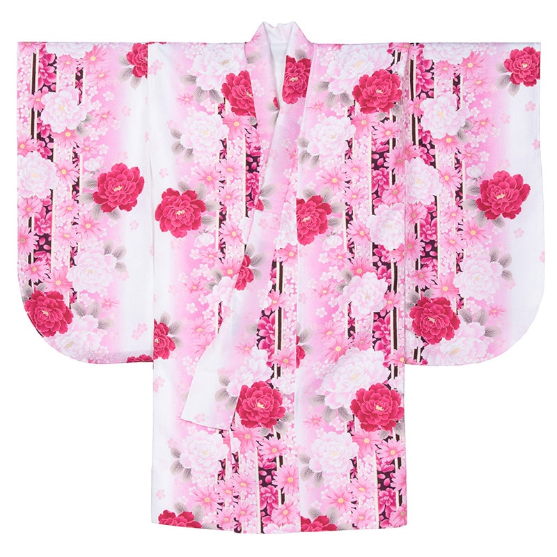 二尺袖着物 ポリ ショート丈 小紋 白・ピンク 芍薬にコスモス 難物 裄180 中国製