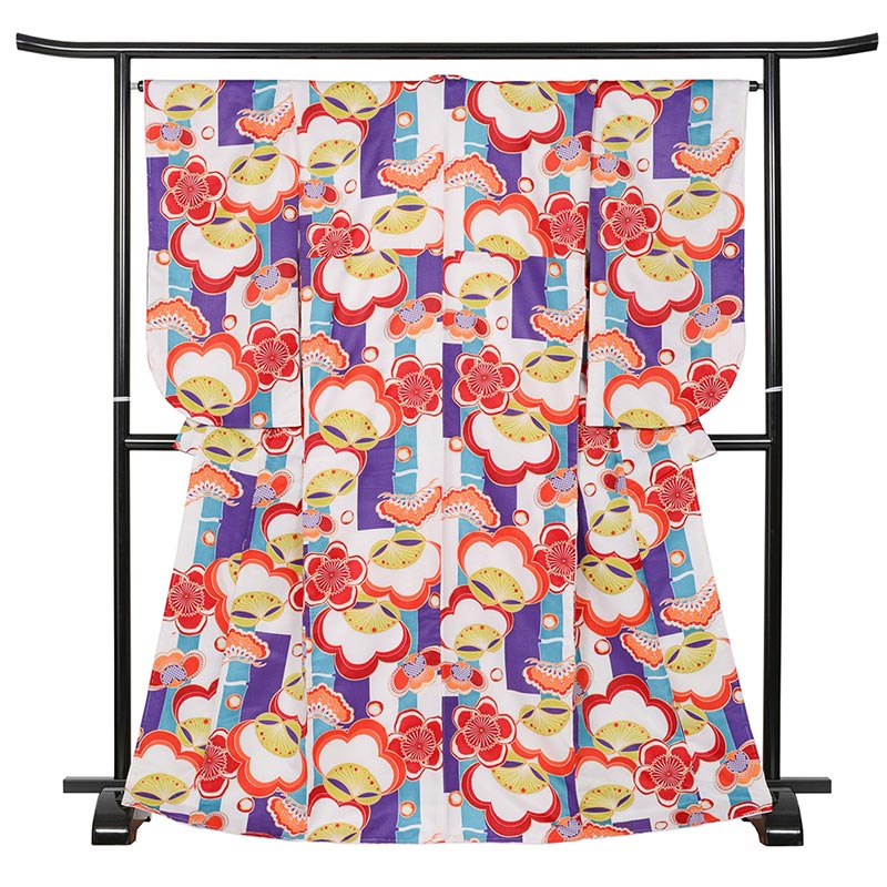 二尺袖着物 ポリ 小紋 白・紫 松竹梅 裄180 難物 中国製