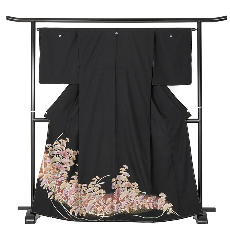 黒留袖 ポリ 菊 赤茶 OM 裄180 難物