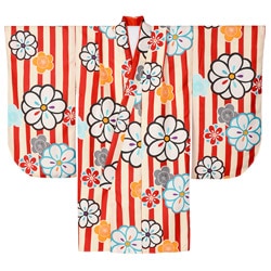 ジュニア女の子着物 小紋 赤/オフ白 梅花 ショート丈 13才 難物 中国製