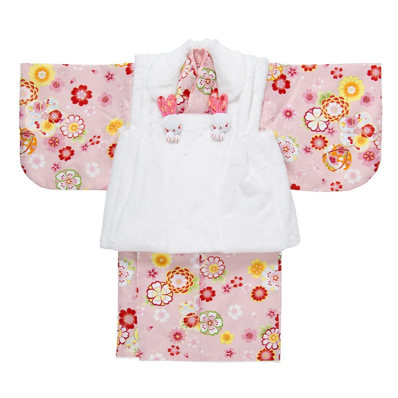 ベビー女の子着物袴セット 赤/水玉・ライトグレー 髪飾り付 1-2才 中国